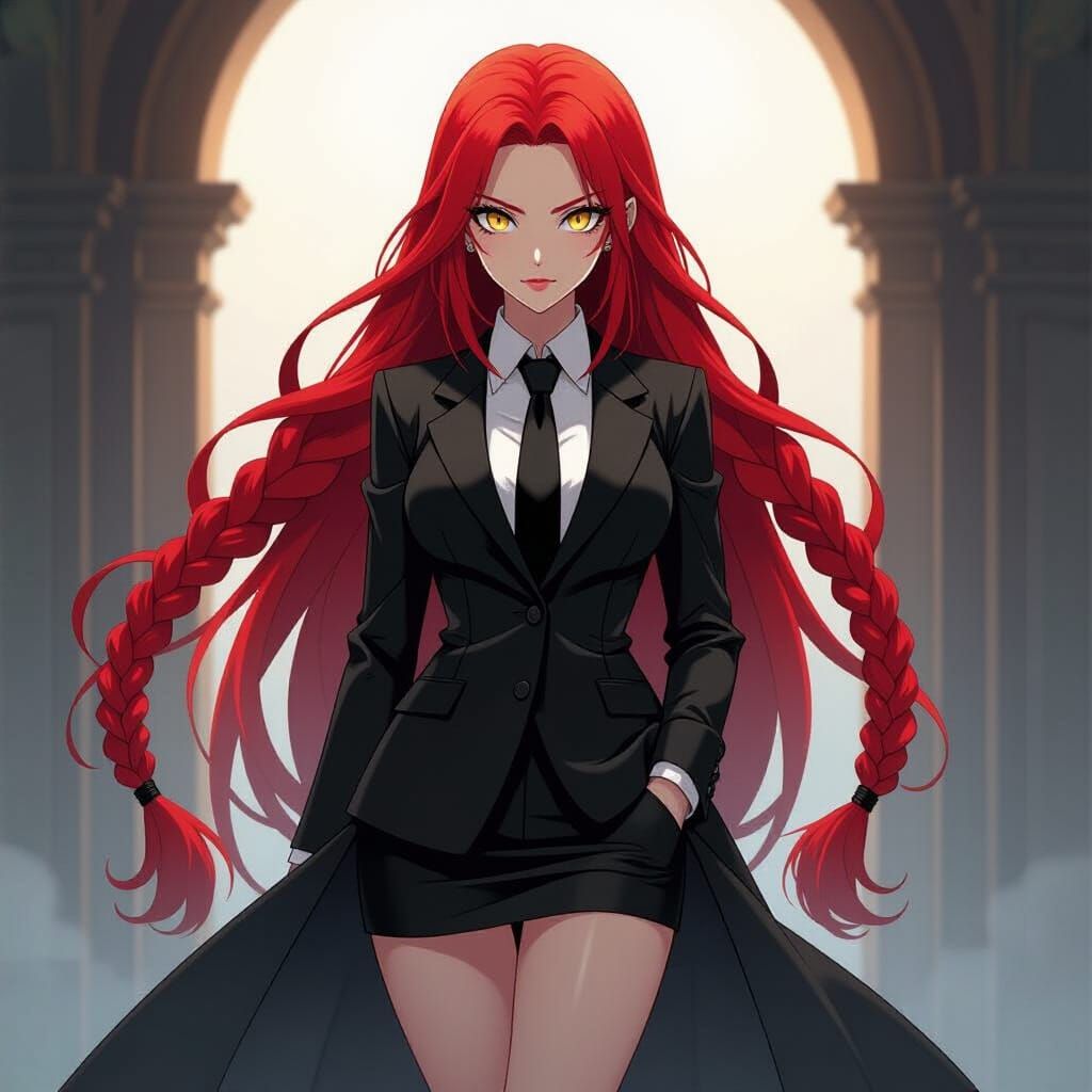 Anime-Inspired Portrait of a Woman in Black Suit