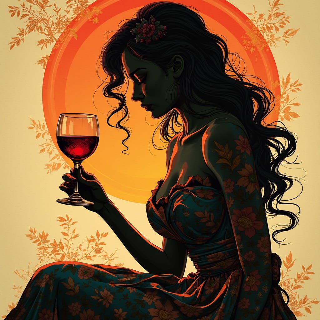 Woman with Wine Glass in Art Nouveau Style