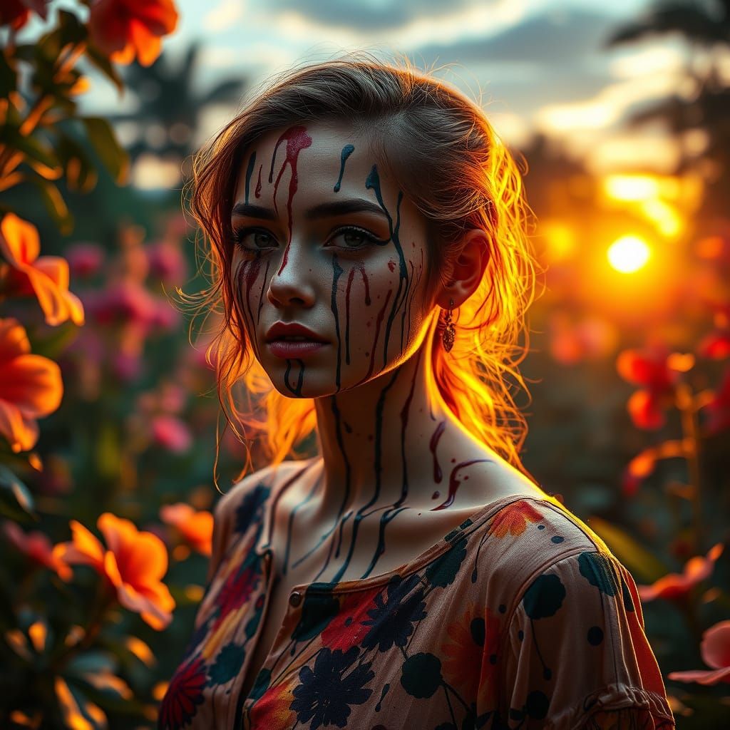 Hyperrealistic Ink Art of a Woman in a Vibrant Secret Garden...