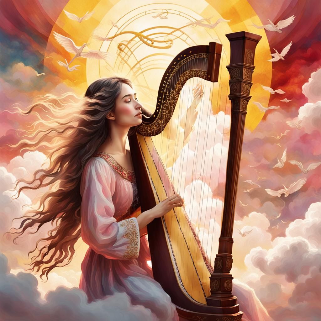 Ethereal Woman Playing Harp on Cloud