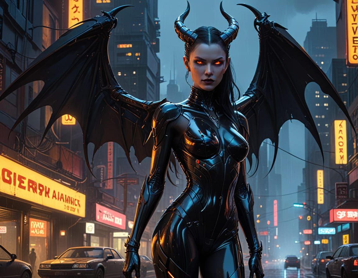 Cyberpunk Demoness Emerges from Dystopian Cityscape