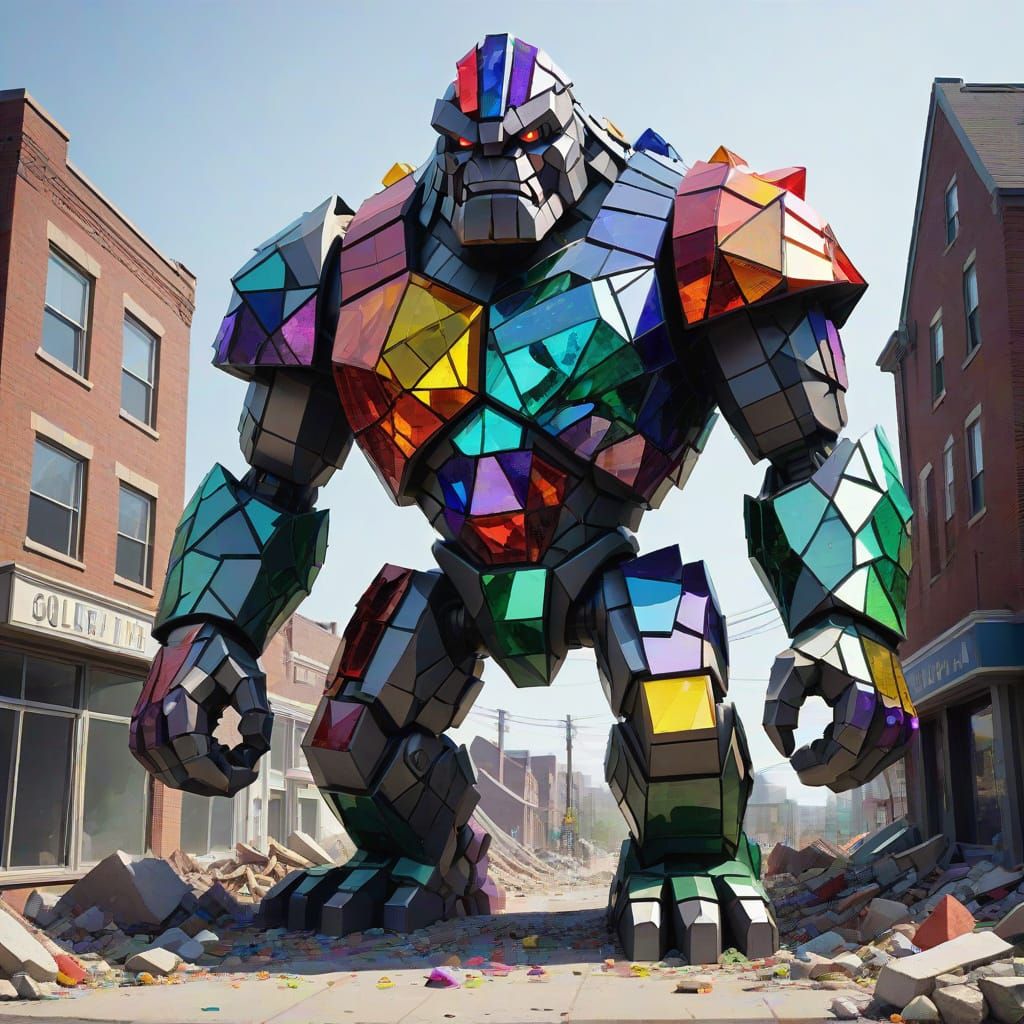 Glowing Crystal Golem Dominates Ruined Cityscape