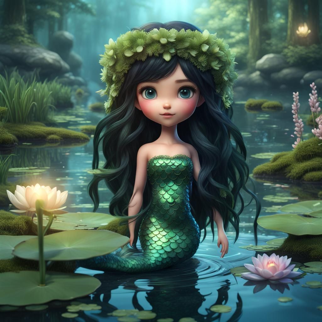 Hyperrealistic Chibi Mermaid in Forest Lake