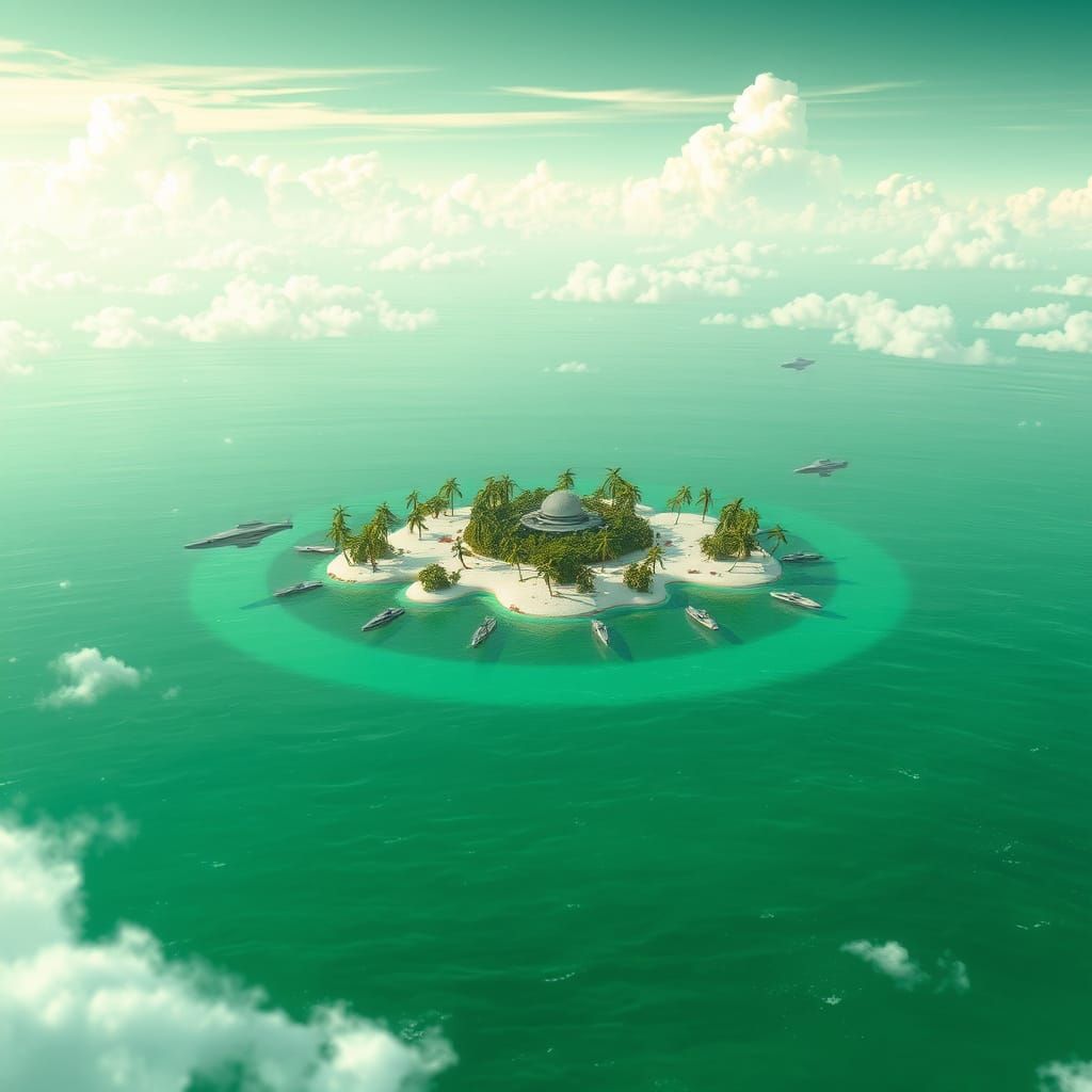Serene Emerald Water Planet with Island Chain and Futuristic...