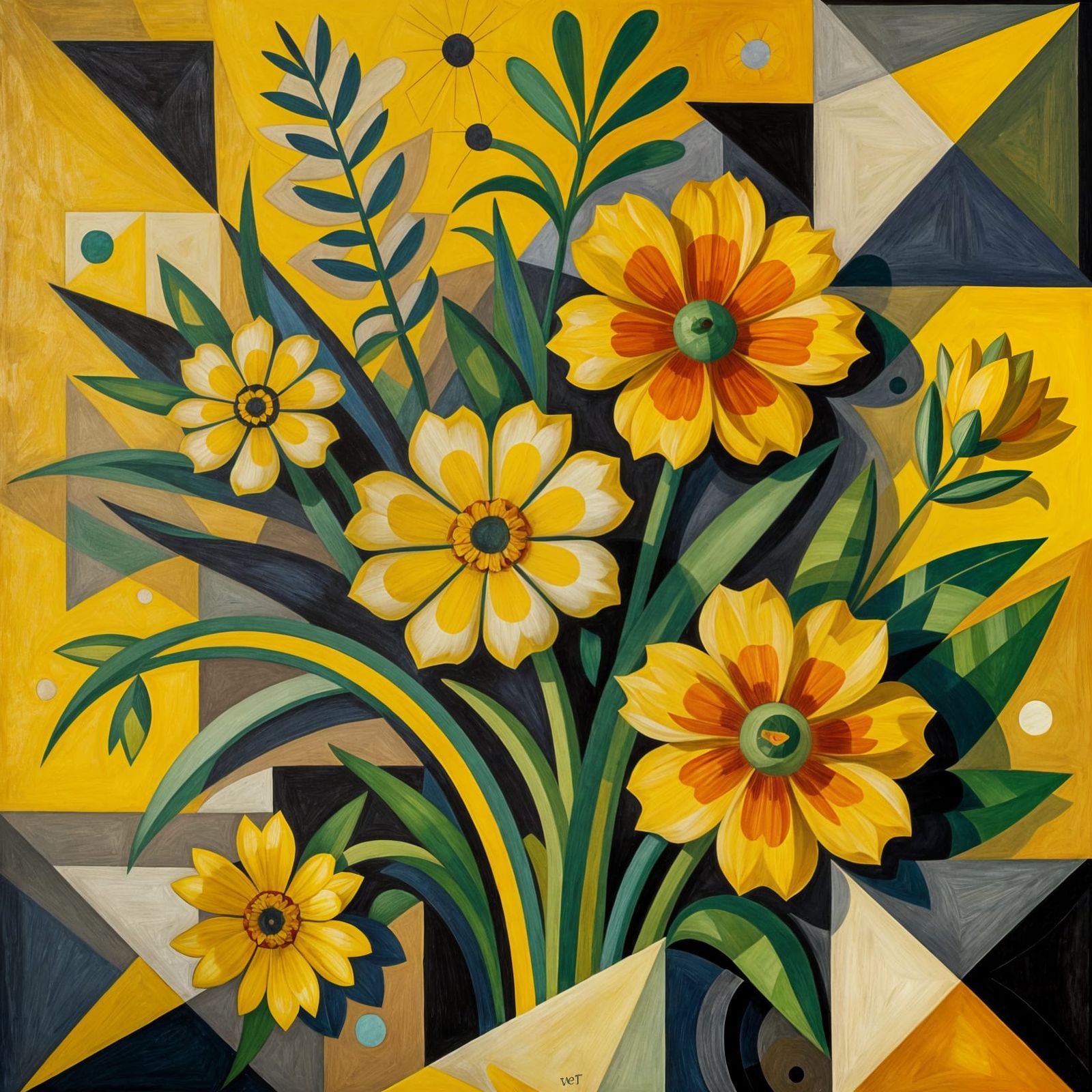 Neo-Cubist Flowers and Plants in Yellow Atmosphere