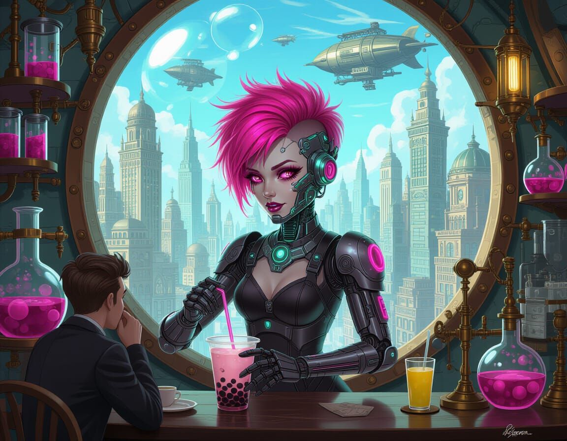Gothic Cyborg Barista in Steampunk Cafe