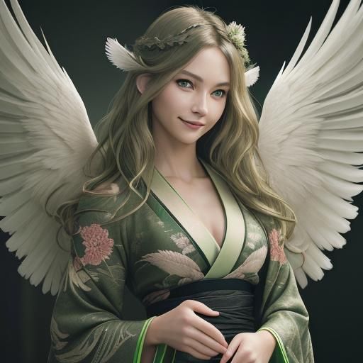 High Fashion Angel in Kimono, Hyperrealistic Image