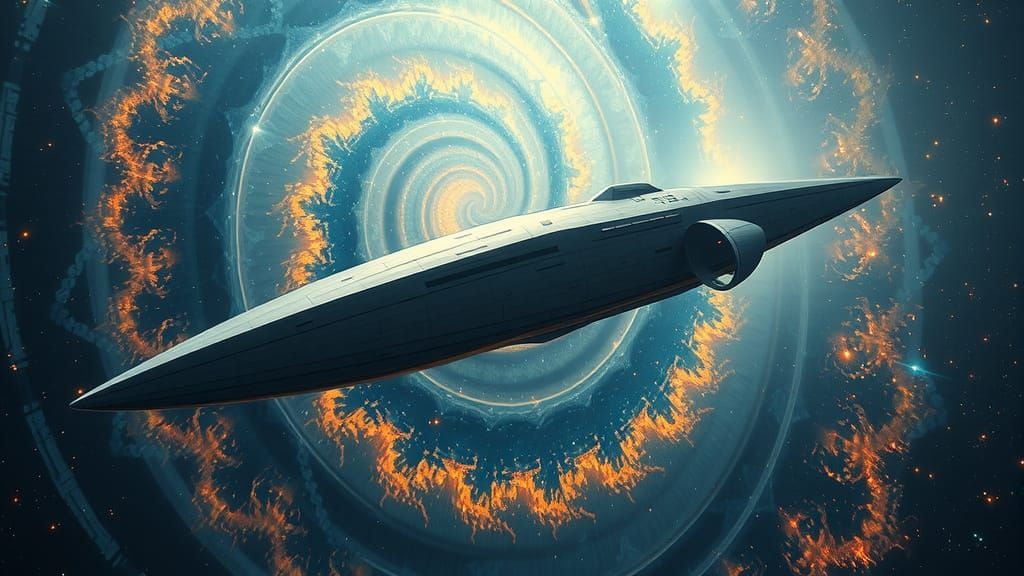 Colossal Starship Emerges from Hyperspace in Ethereal Glow