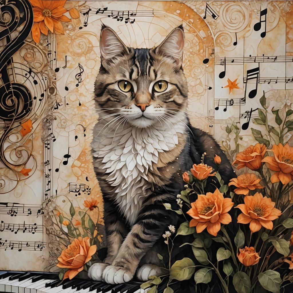 Woman Surrounded by Cats, Flowers, and Music