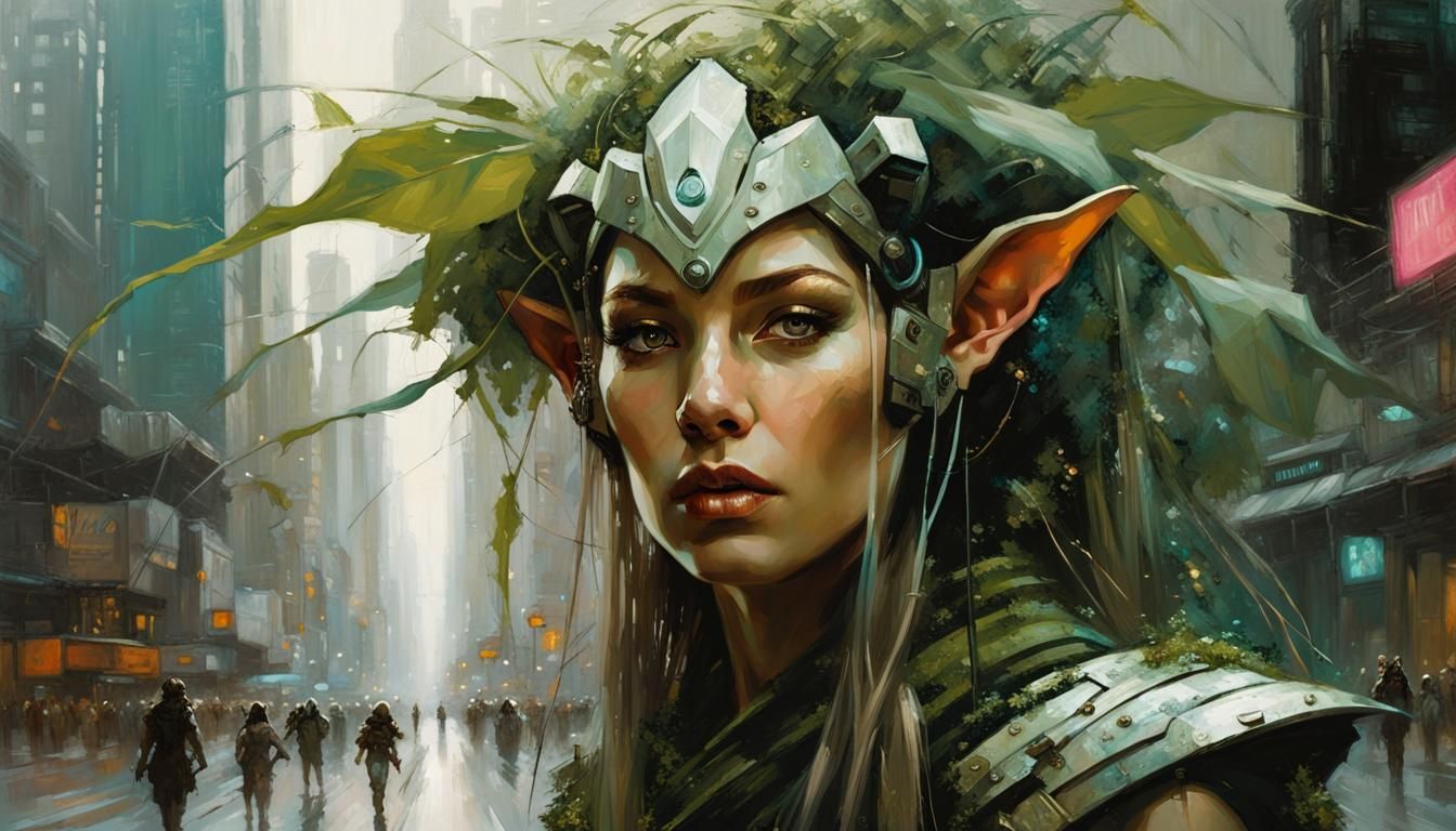 Elven Druid in Cyberpunk City: Oil Painting Portrait