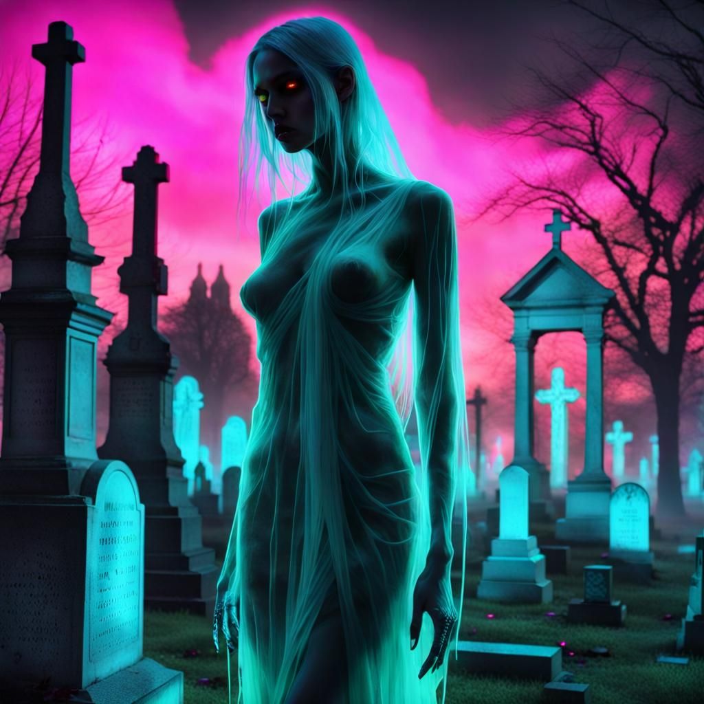 Ethereal Beauty Wraith in Vaporous Neon City