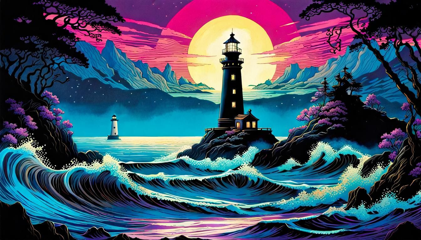 Lighthouse and Mermaid Illuminated with Black Light