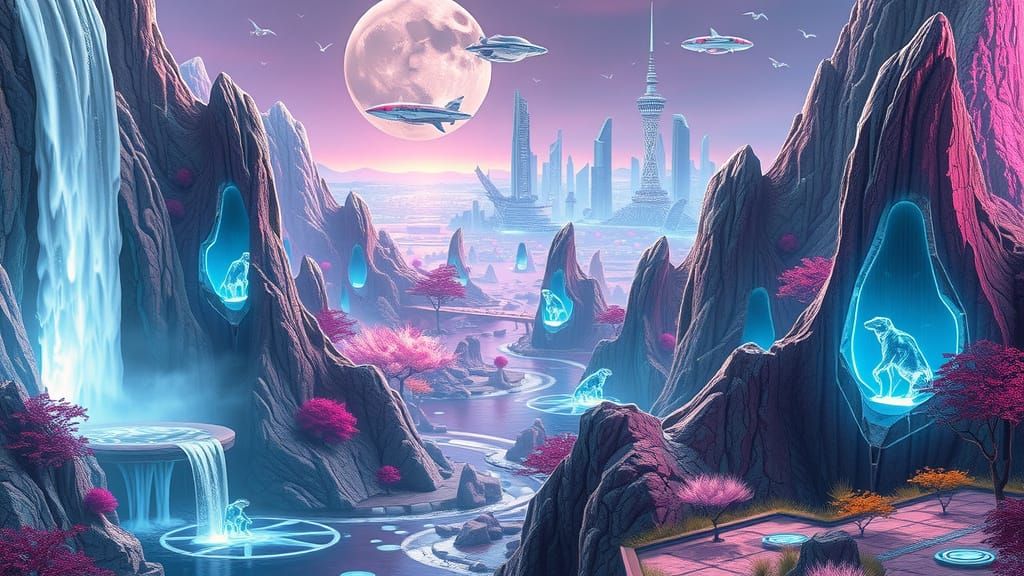 Futuristic Harmony of Nature and Technology in a Neon Utopia