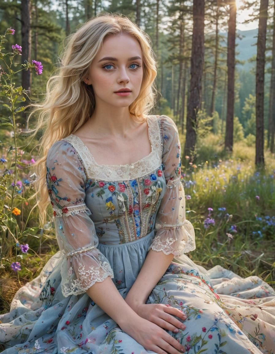 Blonde Woman in Meadow, Tim Burton-Style Ink Sketch