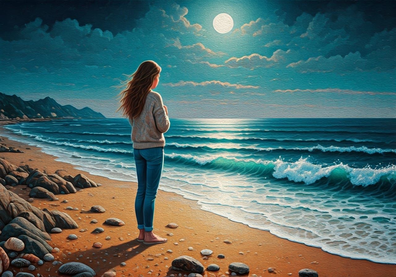 Moonlit Seashore Serenity: An Impasto Mixed-Media Artwork