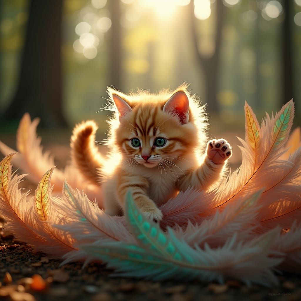 Ragdoll Kitten Plays in Iridescent Feathers