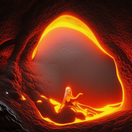 Lava Queen in Dark Horror Cave: Digital Painting