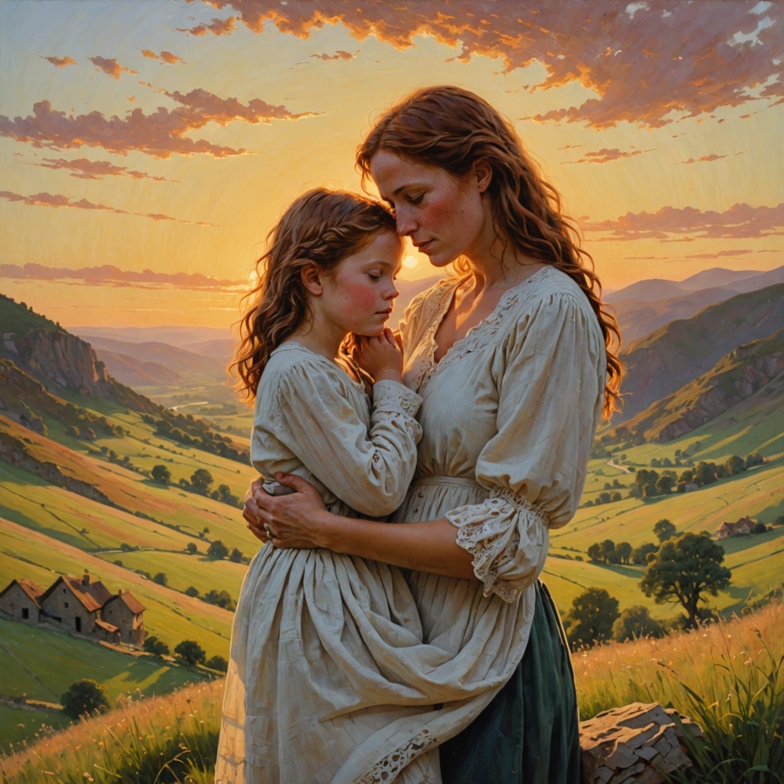 Mother and Child Share a Tender Moment in a Sunset Valley