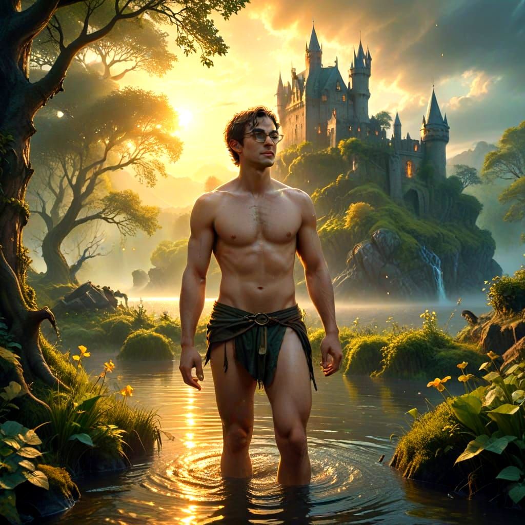 Nerdy Youth Contemplates Castle Moat in the Woods