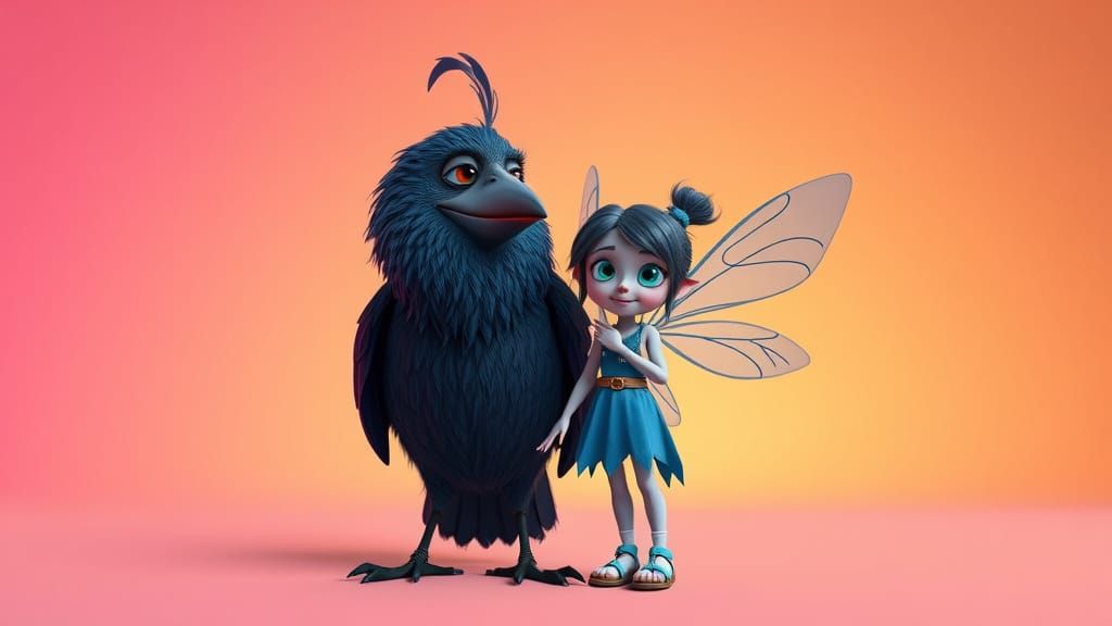 Blue Crow and Fairy Friends: 3D Digital Art