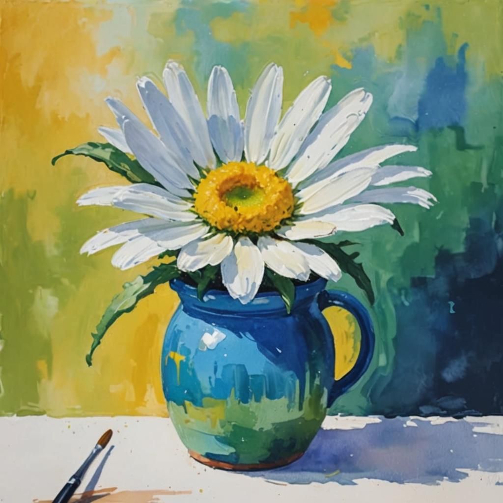 Daisy in Pot: Gouache Watercolor Impressionist Painting