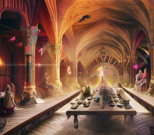 Rainbow Princess at a Medieval Feast: Digital Matte Painting