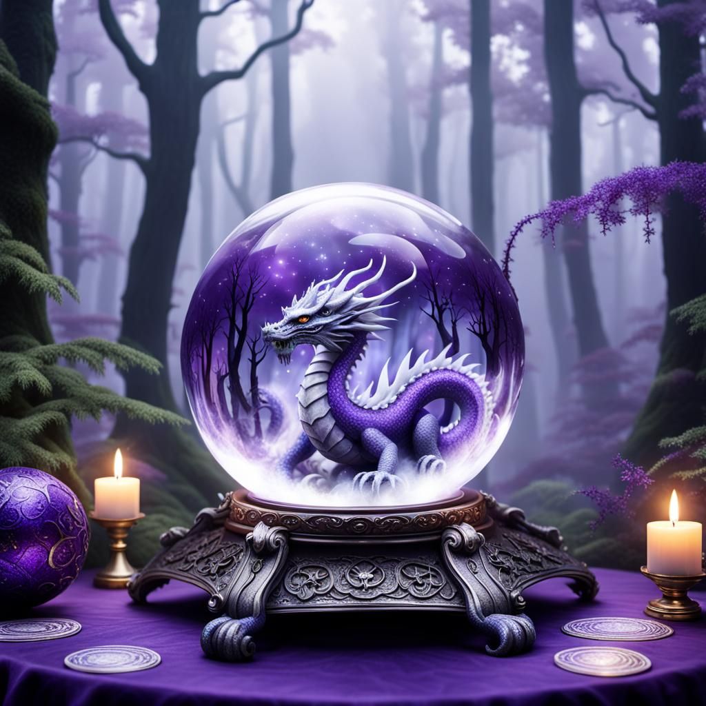 Smoky Dragon in Crystal Ball on Purple Table