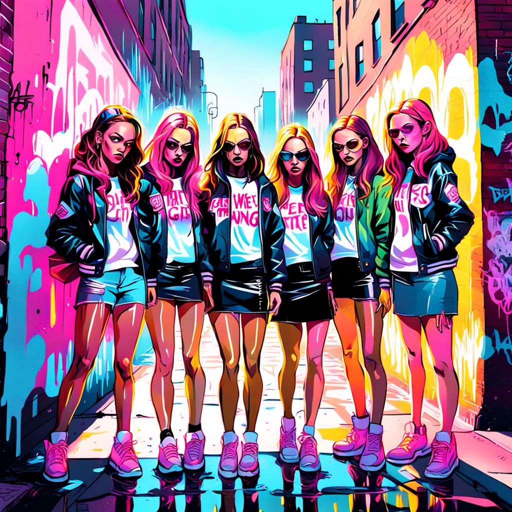 Stylized Graffiti Art of Girls in Cityscape