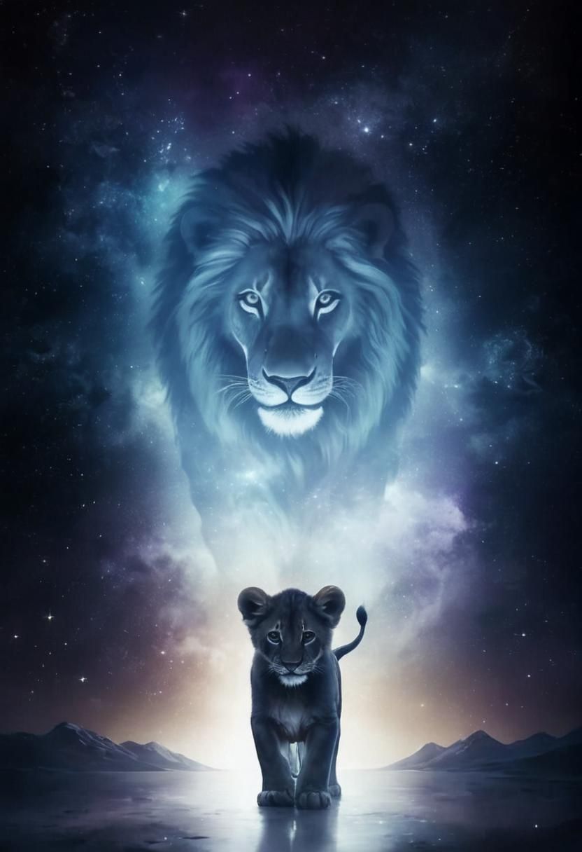 Lion Cub Under Starry Sky with Smoky Lion Head