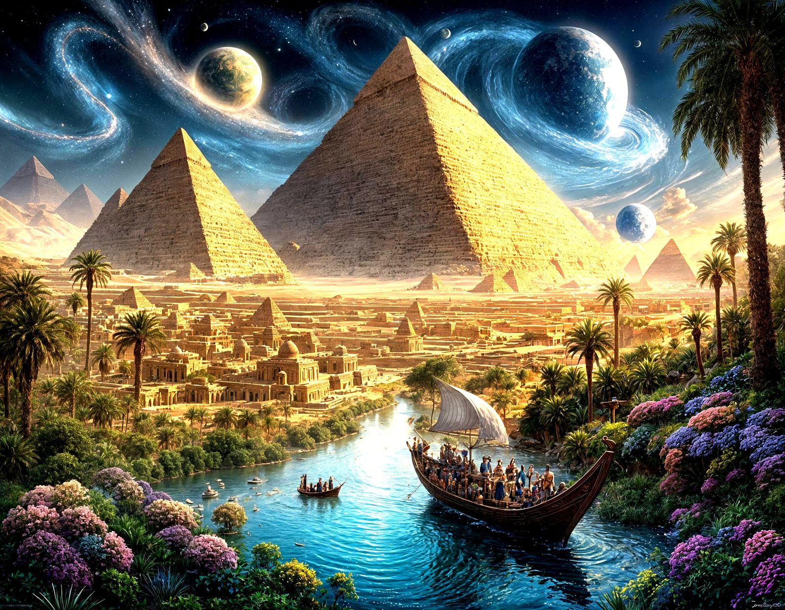 Egyptian Nile with Pyramids and Cosmic Hieroglyphs
