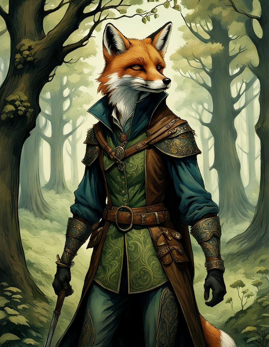 Fox Bandit in English Forest, Rackham Style