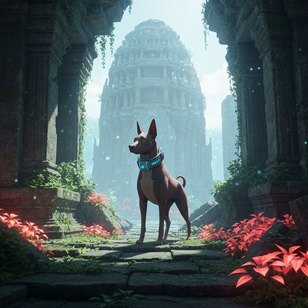 Futuristic Thai Ridgeback in Glowing Temple Ruins