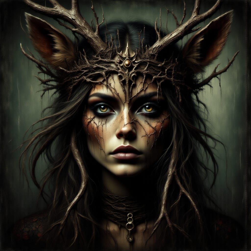 Navajo Deer Woman in Victorian Nightmare Oil Painting