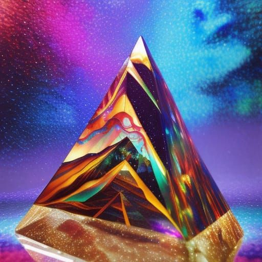 Glitchcore Pyramid Landscape in Stained Glass Style