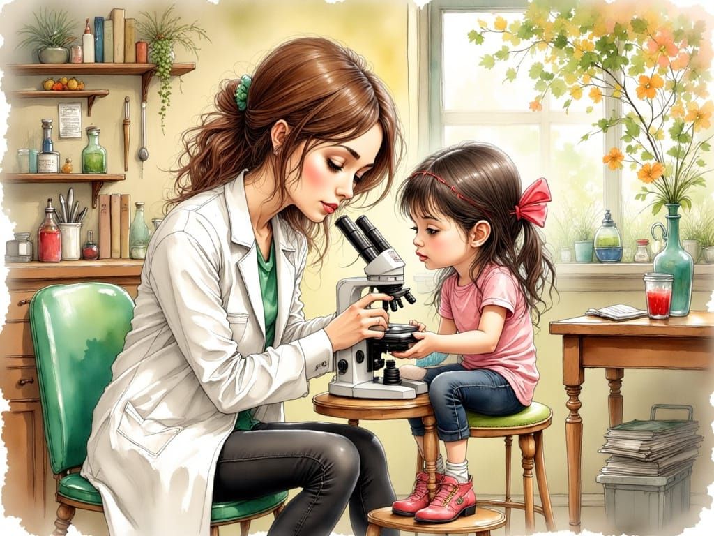 Doctor and Child Explore Microscopy, Ink Illustration Style