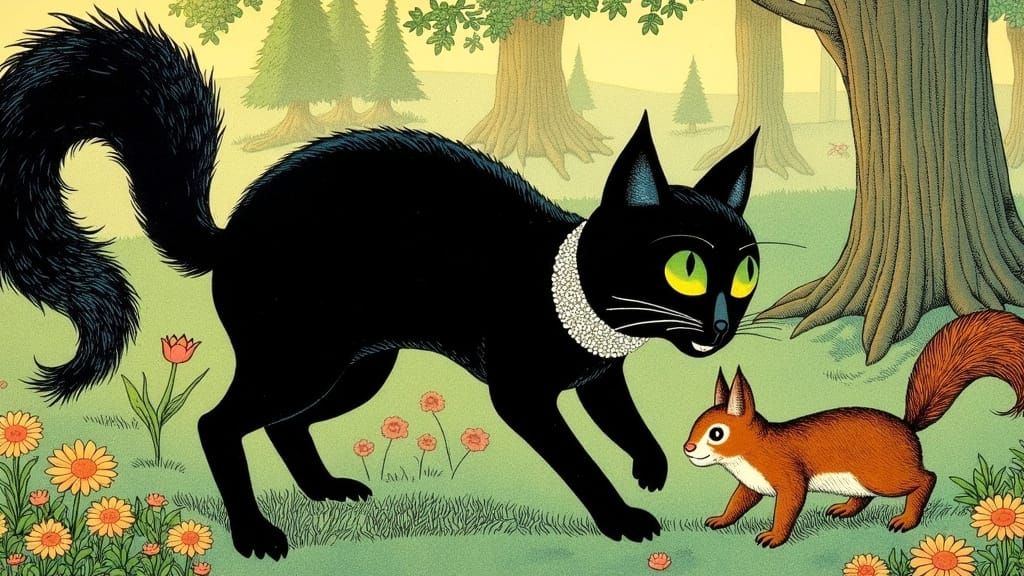 Whimsical Tuxedo Cat Pounces on Squirrel in Sunlit Forest