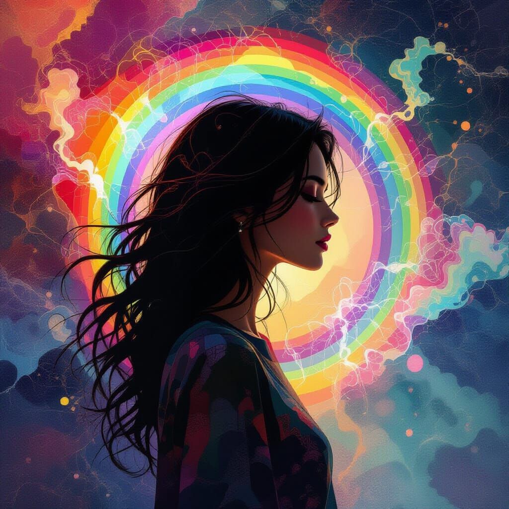 Surreal Rainbow Silhouette with Fractal Color Streams