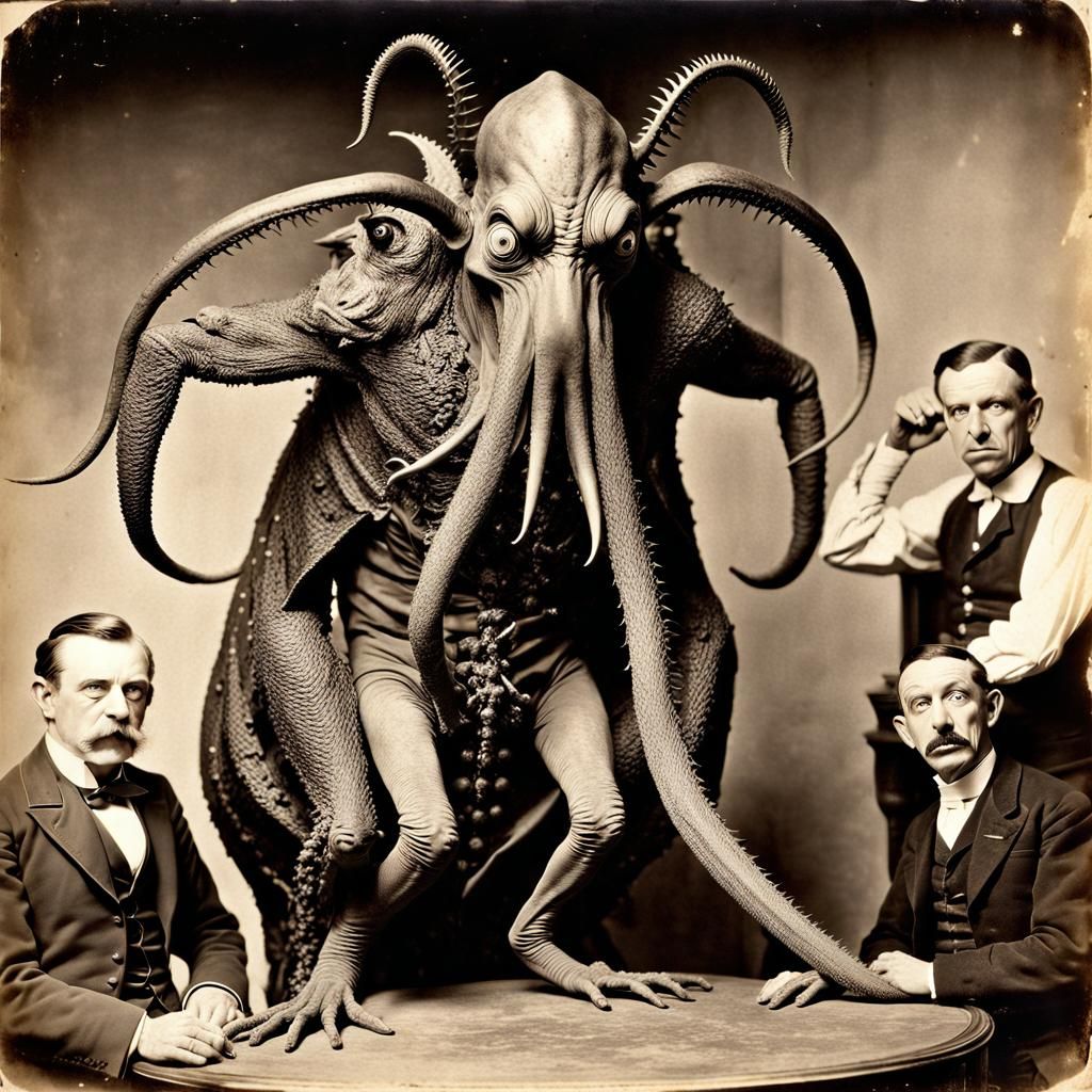 Nightmarish Lovecraftian Monster Poses with Victorians