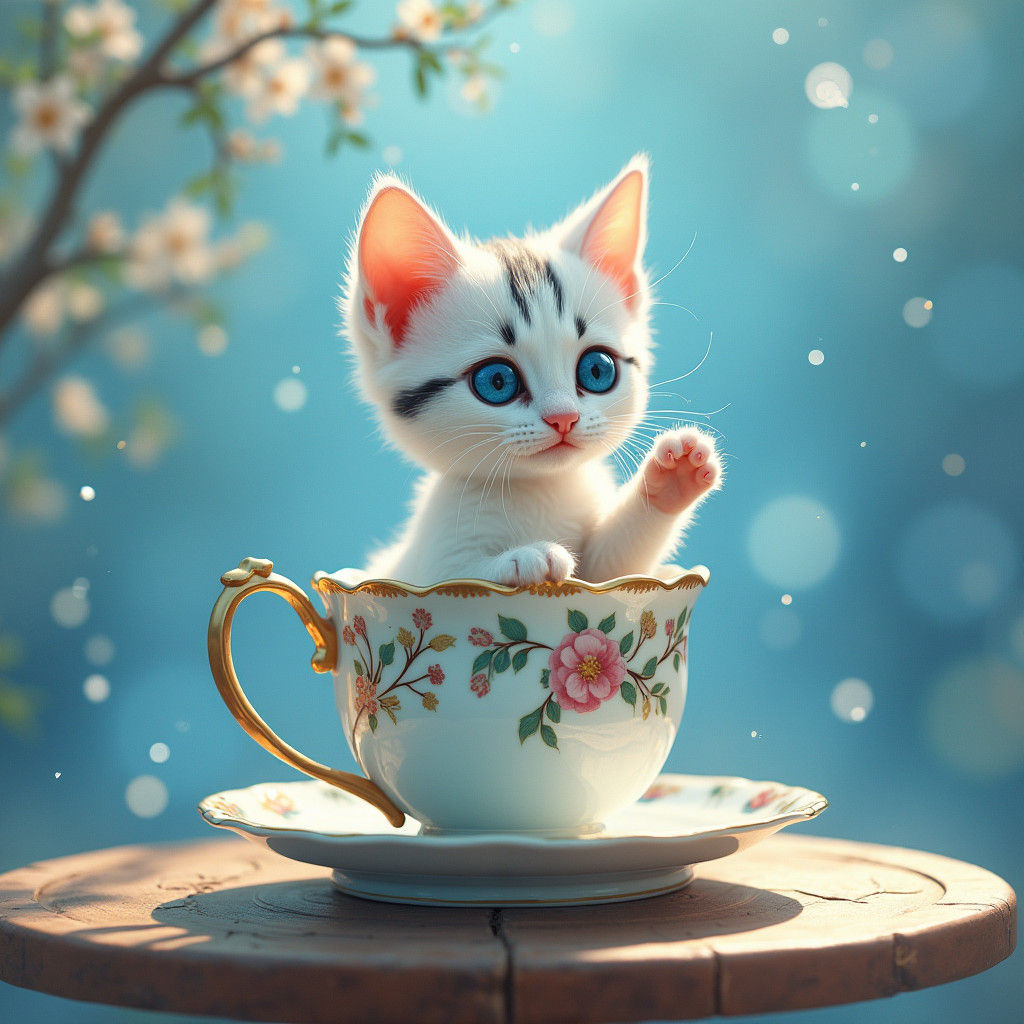 Kitten in Cup with Blue Droplets: Mystical Illustration