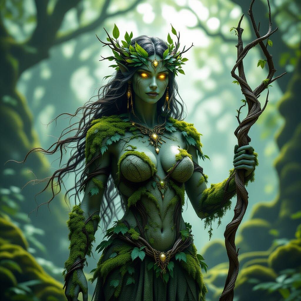 Stone Golem Druidess in Enchanted Forest, Baroque Style