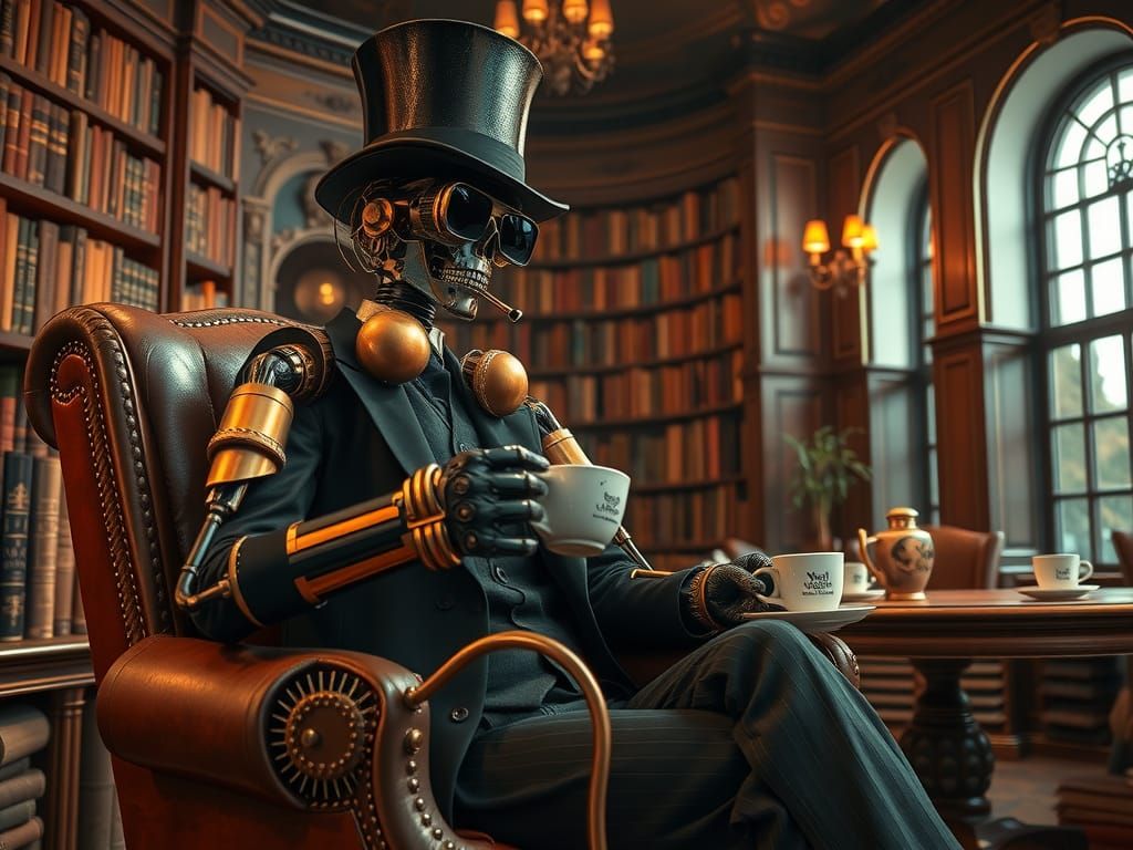 Victorian Gentleman and Steampunk Robot Coffee Service