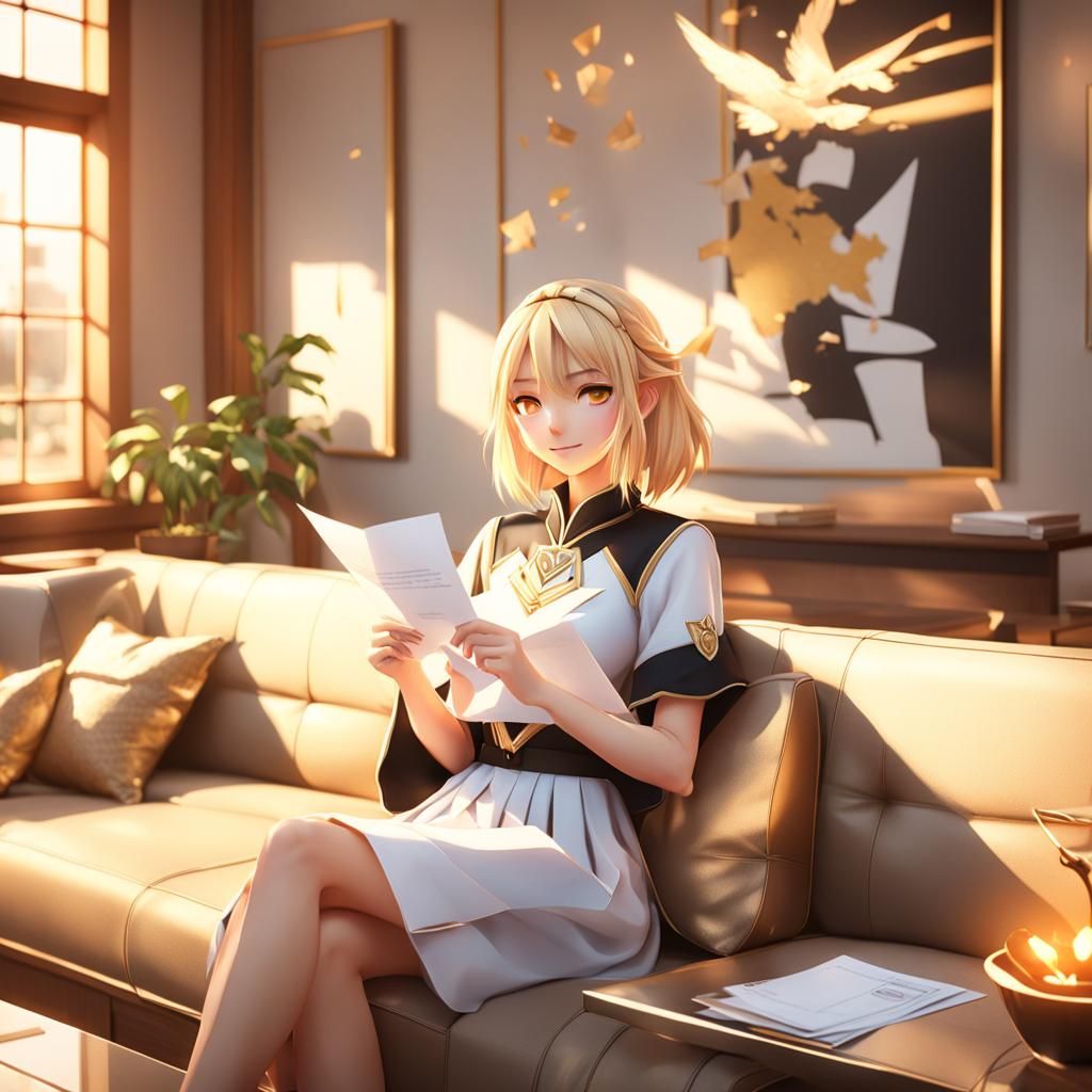 Blonde Anime Girl Receives Love Letter: 3D Render