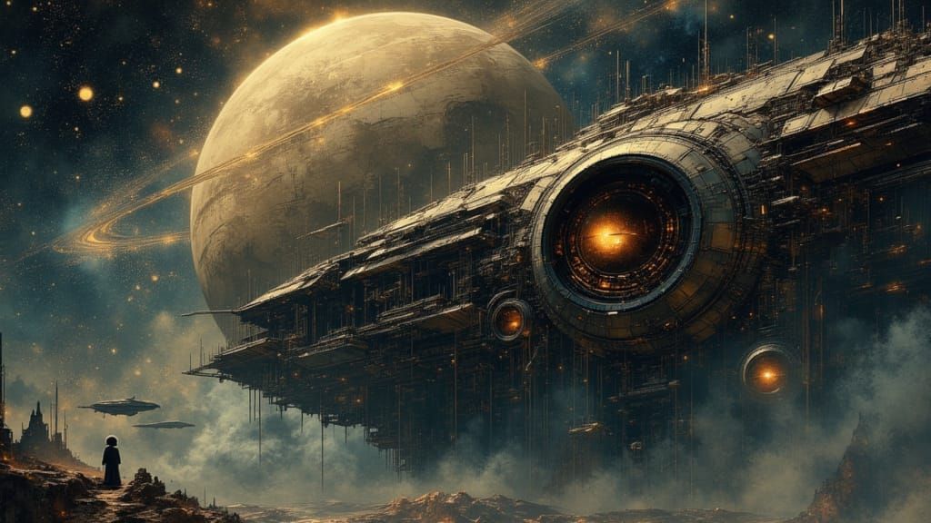 Colossal Spaceship with Electronic Eye Near Ringed Planet