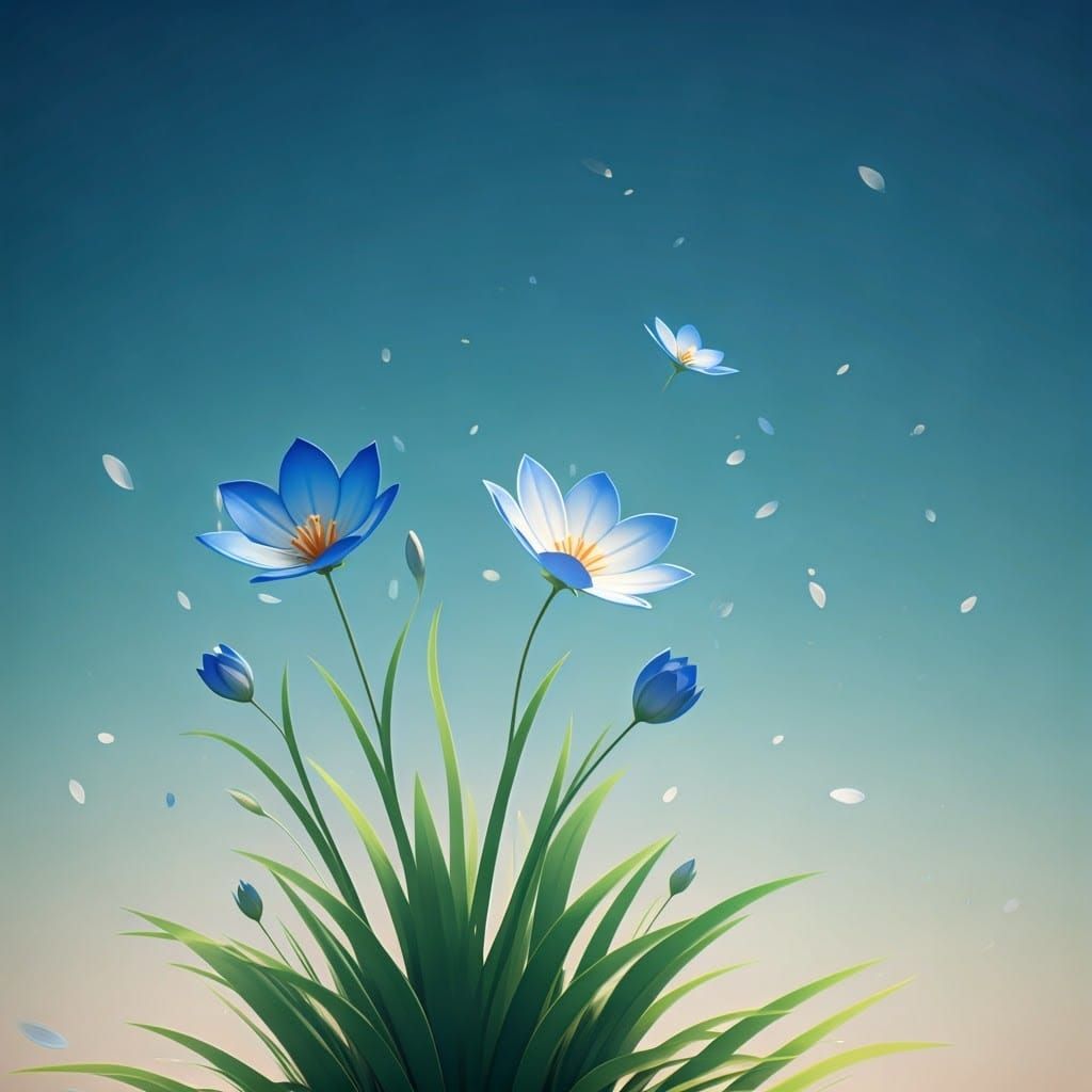 Blue and White Flowers in 3D Anime Style