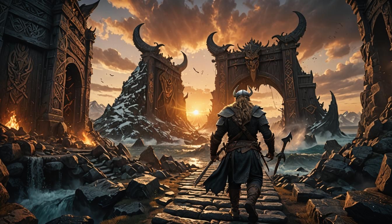 Viking Drakkar at Valhalla's Gate: Epic Sunset