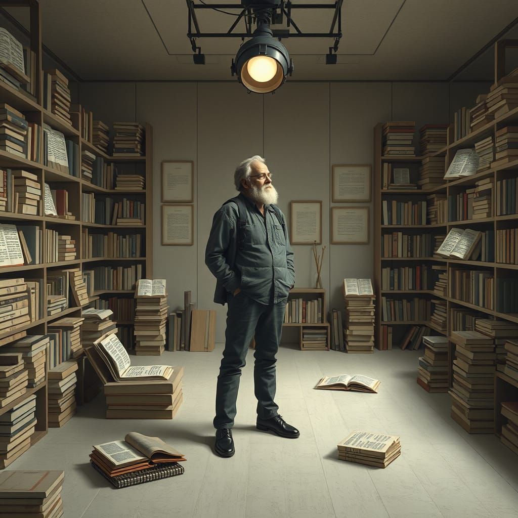 Philosopher Ponders Knowledge in Futuristic Room