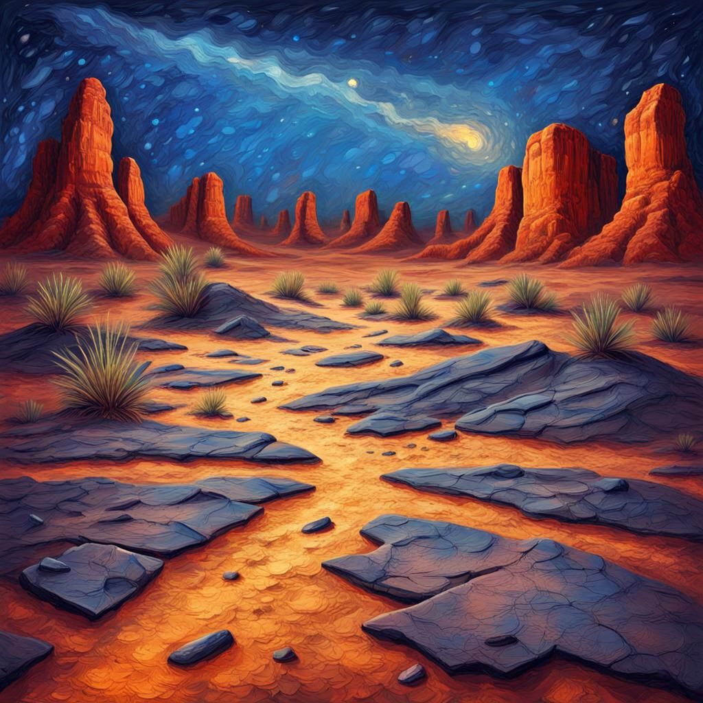 Dinosaur Tracks Under Starry Sky, Impasto Oil Painting