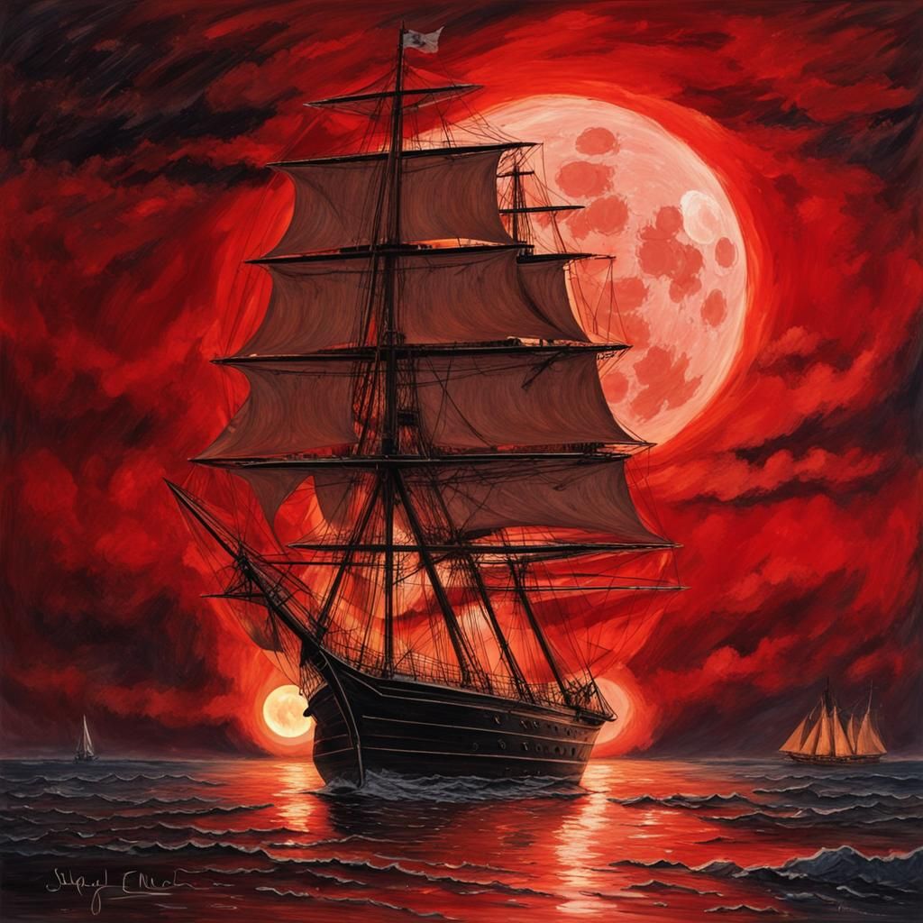 Sailing Ship Amidst Polar Fire Under Blood Moon