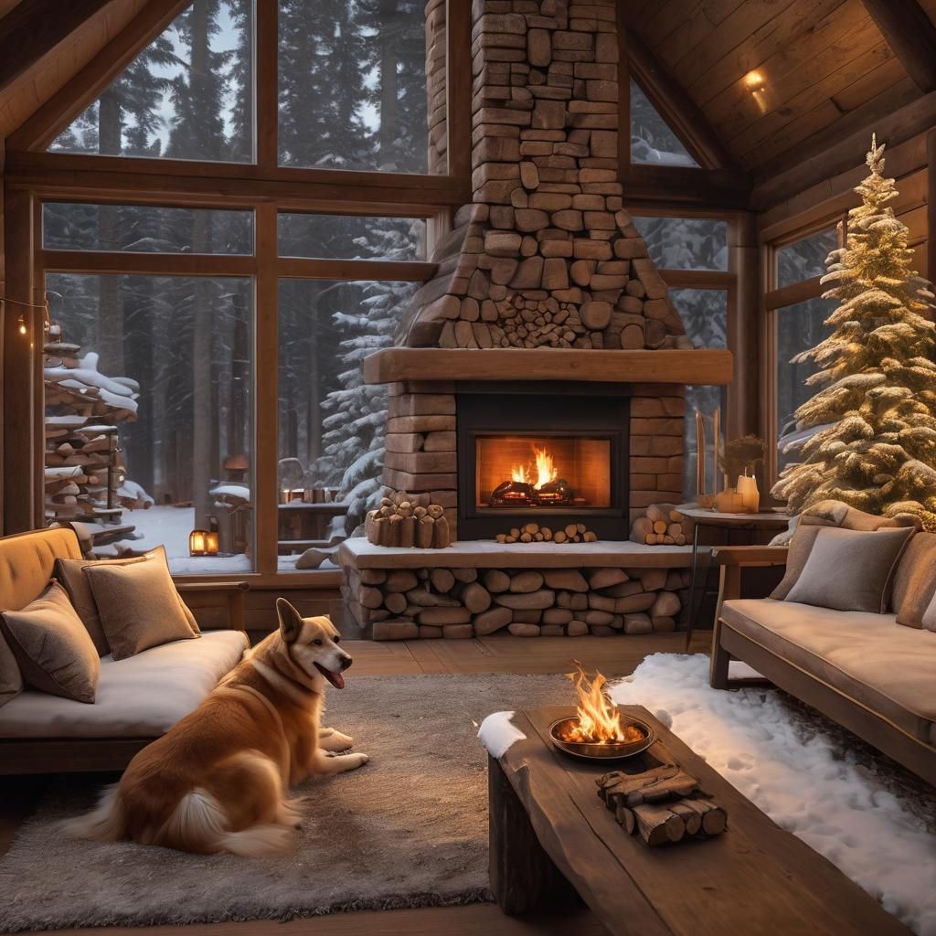 Cozy Cabin Interior with Fireplace and Dog