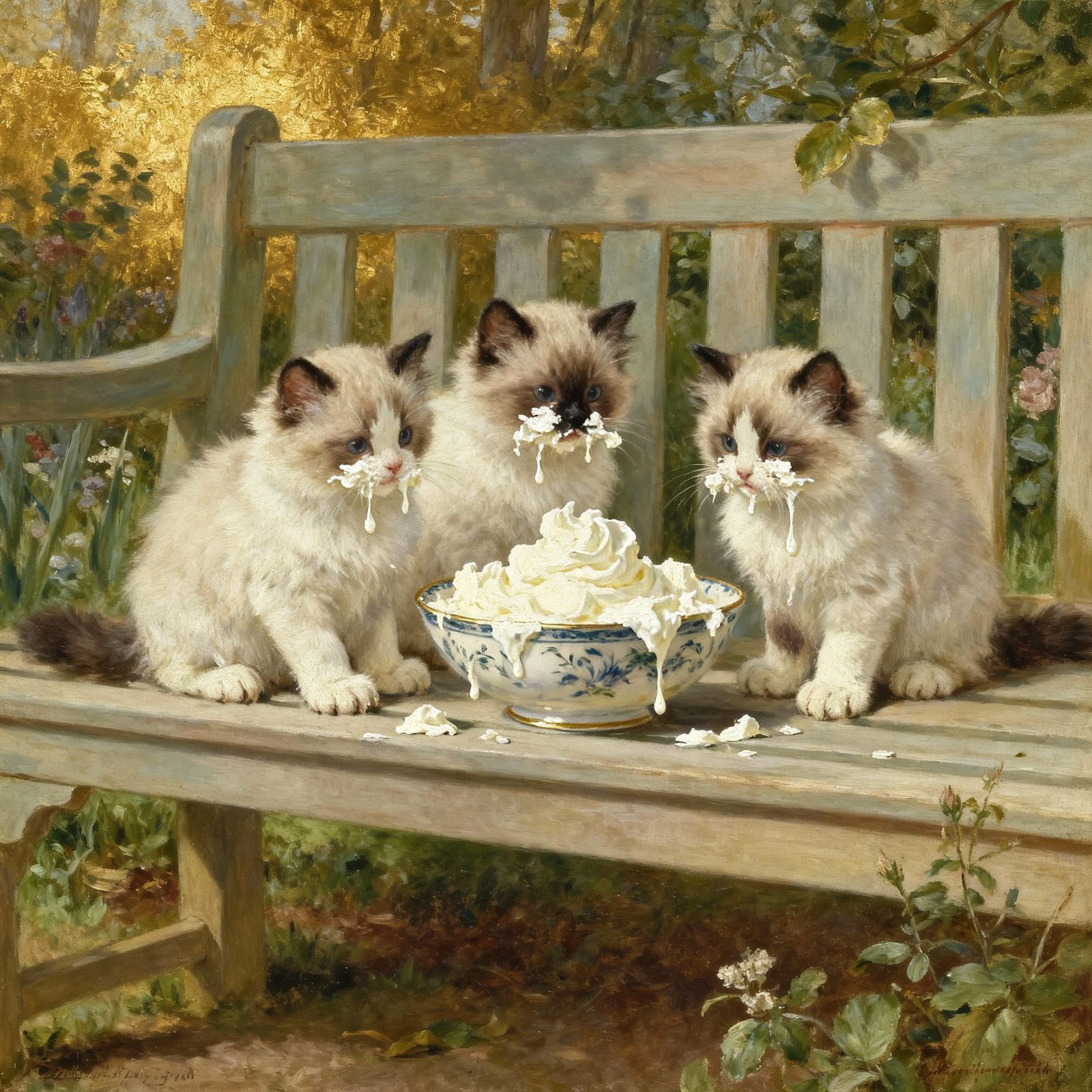 Fluffy Ragdoll Kittens Eating Cream in Garden